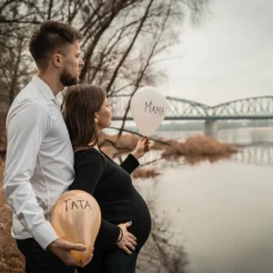 Plenerowa sesja rodzinna i ciążowa w Toruniu – przyszli rodzice z balonami mama i tata